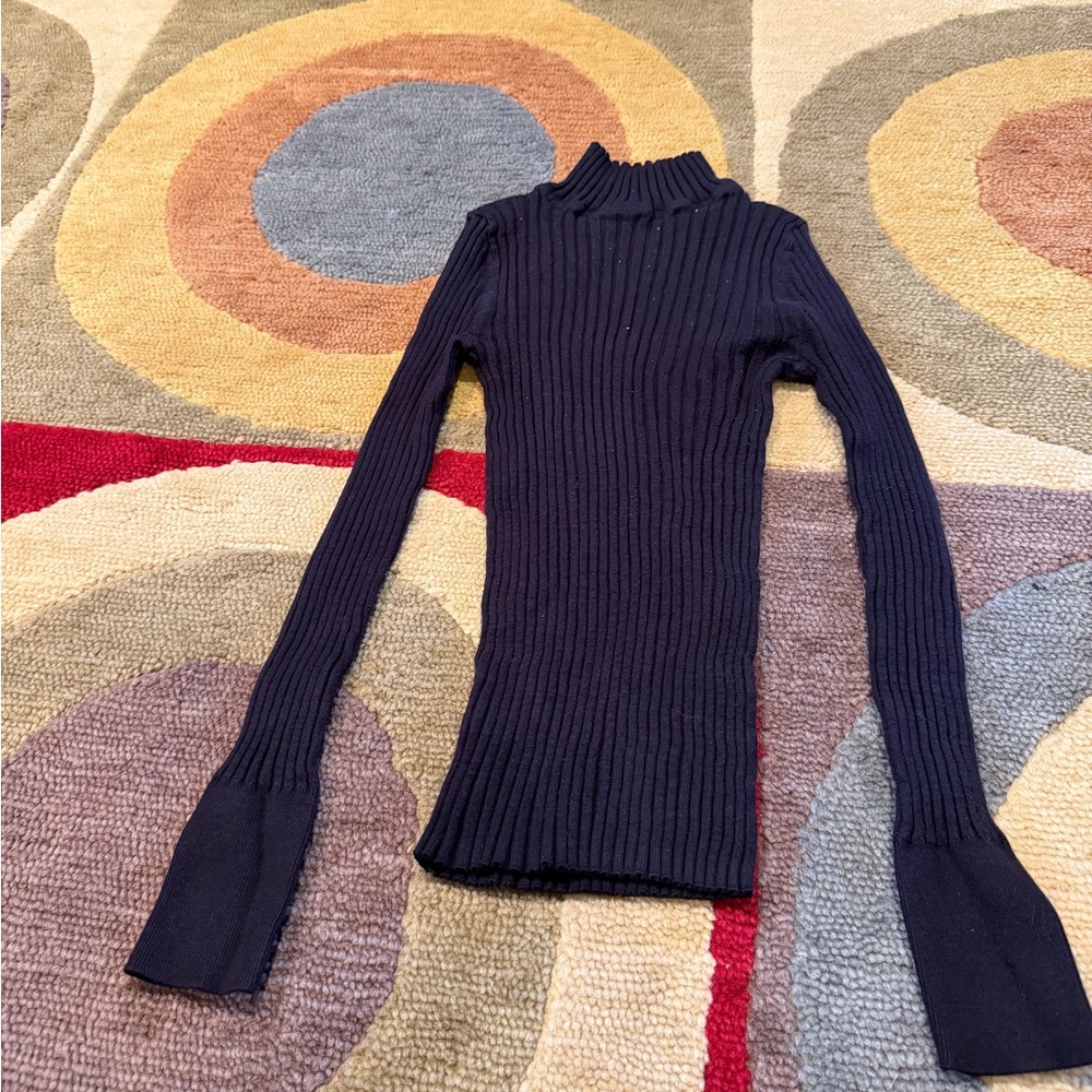 Black Ribbed Mock Neck Sweater Top Wide Sleeves Runs Very Slim Women’s Size XXS